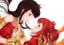 Rule 34 | 10s, 2girls, black hair, commentary request, green eyes, holding hands, incest, jyon, kurosawa dia, kurosawa ruby, long hair, love live!, love live! school idol festival, love live! sunshine!!, mole, mole under mouth, multiple girls, red hair, short twintails, siblings, simple background, sisters, twintails, two side up, white background, yuri
