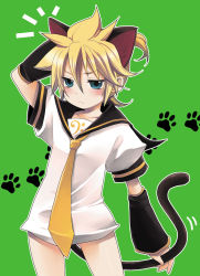 Rule 34 | 1boy, animal ears, bad id, bad pixiv id, blonde hair, blue eyes, blush, bottomless, cat boy, cat ears, cat tail, child, kagamine len, male focus, necktie, no pants, open mouth, paw print, simple background, solo, tail, vocaloid, yellow necktie, yomorin