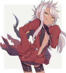 1girl :q adapted_costume breasts chloe_von_einzbern contrapposto cowboy_shot dark-skinned_female dark_skin fate/kaleid_liner_prisma_illya fate_(series) hair_ornament hair_stick hand_on_own_chest hand_on_own_hip leaning_forward long_hair long_sleeves looking_at_viewer navel outside_border pink_hair sidelocks simple_background sleeves_past_wrists small_breasts solo thigh_strap tongue tongue_out totatokeke yellow_eyes