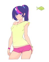 Rule 34 | 1girl, bare shoulders, bracelet, breasts, camisole, contrapposto, doxy, fish, horns, jewelry, long hair, multicolored hair, my little pony, my little pony: friendship is magic, personification, pink hair, ponytail, purple eyes, purple hair, scrunchie, short shorts, shorts, single horn, small breasts, smile, solo, standing, streaked hair, twilight sparkle