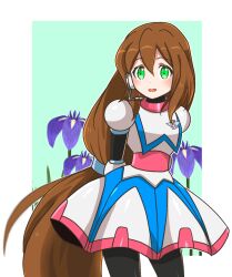 1girl 398sky :d arms_behind_back blush border brown_hair cowboy_shot dress flower green_eyes hair_between_eyes headset highres iris_(mega_man) long_hair looking_at_viewer low-tied_long_hair mega_man_(series) mega_man_x_(series) mega_man_x_dive multicolored_clothes open_mouth outside_border robot robot_girl smile solo very_long_hair white_border white_dress