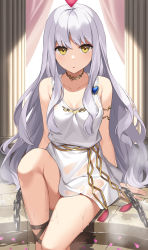 Rule 34 | 1girl, absurdres, armlet, bare shoulders, breasts, caren hortensia, caren hortensia (amor caren), caren hortensia (amor caren) (first ascension), chain, collarbone, dress, fate/grand order, fate (series), heart, highres, jewelry, long hair, looking at viewer, medium breasts, neck ring, open mouth, pillar, short dress, sitting, soaking feet, suiroh (shideoukami), thighs, water, wavy hair, white dress, white hair, yellow eyes