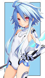 Rule 34 | 1girl, ahoge, bare shoulders, blue hair, blush, breasts, elbow gloves, gloves, hair between eyes, iwashi dorobou -r-, leotard, light blue hair, looking at viewer, neptune (series), power symbol, power symbol-shaped pupils, red eyes, small breasts, solo, symbol-shaped pupils, thighhighs, white gloves, white heart (neptunia), white leotard, with long locks