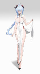 Rule 34 | 1girl, absurdres, ahoge, alternate costume, arm at side, armlet, bare shoulders, black footwear, black nails, blue hair, breasts, china dress, chinese clothes, cleavage, covered navel, dress, duplicate, full body, ganyu (genshin impact), genshin impact, goat horns, gradient background, grey background, hair between eyes, hand up, high heels, highres, horns, large breasts, light blue hair, long hair, long legs, nail polish, parted lips, pelvic curtain, pixel-perfect duplicate, ponytail, pumps, purple eyes, rikui (rella2930), side slit, sidelocks, simple background, skirt hold, sleeveless, sleeveless dress, solo, tassel, thighlet, thighs, toe cleavage, very long hair, white background, white dress