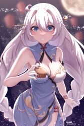 Rule 34 | 1girl, :d, absurdres, ahoge, bare arms, bare shoulders, blue dress, blue eyes, blue nails, blurry, blurry background, braid, breasts, cleavage, cutescookie, dated, depth of field, dress, fang, full moon, hair between eyes, hair intakes, highres, holding, honkai (series), honkai impact 3rd, kiana kaslana, long hair, looking at viewer, medium breasts, moon, nail polish, open mouth, sleeveless, sleeveless dress, smile, solo, twin braids, very long hair, white hair