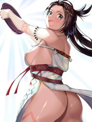 Rule 34 | 1girl, ass, back, bare shoulders, beppu mitsunaka, blush, body markings, breasts, brown eyes, brown hair, dress, facial mark, fate/grand order, fate (series), forehead, forehead mark, highres, himiko (fate), himiko (first ascension) (fate), jewelry, large breasts, long hair, looking at viewer, looking back, magatama, magatama necklace, mirror, necklace, no bra, no panties, open mouth, sash, side slit, sideboob, smile, thighs, topknot, twintails, white dress
