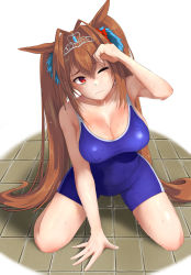 Rule 34 | 1girl, absurdres, animal ears, blue one-piece swimsuit, blush, bow, breasts, brown hair, cleavage, daiwa scarlet (umamusume), frown, hair bow, hair intakes, hand on own head, head tilt, highres, horse ears, kneeling, large breasts, long hair, looking at viewer, ojisan f, on floor, one-piece swimsuit, one eye closed, red bow, red eyes, school swimsuit, solo, swimsuit, tiara, tile floor, tiles, umamusume, very long hair, white background