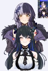 Rule 34 | 2girls, asymmetrical horns, bare shoulders, behind another, black bow, black bowtie, black coat, black flower, black hair, black horns, blue hair, blush, bow, bowtie, bra strap, breasts, closed eyes, closed mouth, clothing cutout, coat, collared shirt, colored inner hair, cropped torso, demon horns, dot nose, dress shirt, facing viewer, flower, fur-trimmed coat, fur trim, grey background, grey hair, hair between eyes, hair ornament, happy, heart, highres, hololive, hololive english, horn flower, horns, long hair, looking down, medium breasts, mole, mole under eye, multicolored hair, multiple girls, nerissa ravencroft, nerissa ravencroft (1st costume), off shoulder, penguin stamp, reference inset, ribbed shirt, shiori novella, shiori novella (1st costume), shirt, shoulder cutout, smile, split-color hair, straight-on, tassel, tassel hair ornament, two-tone hair, uneven horns, virtual youtuber, white shirt, yellow eyes