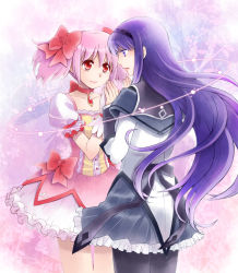 Rule 34 | 10s, 2girls, akemi homura, bubble skirt, choker, eye contact, floating hair, flower, gloves, hair ribbon, hairband, holding hands, kaname madoka, light smile, lips, long hair, looking at another, magical girl, mahou shoujo madoka magica, mahou shoujo madoka magica (anime), miyasumi (jam session), multiple girls, pantyhose, pink hair, puffy sleeves, purple eyes, purple hair, red eyes, ribbon, short hair, skirt, symmetrical hand pose, twintails, white gloves