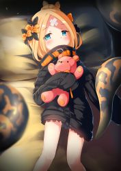 Rule 34 | 1girl, abigail williams (fate), abigail williams (traveling outfit) (fate), absurdres, bed sheet, black bow, black jacket, blonde hair, blue eyes, blush, bow, commentary request, covered mouth, crossed bandaids, dexp, fate/grand order, fate (series), feet out of frame, hair bow, hair bun, heroic spirit traveling outfit, highres, jacket, long hair, long sleeves, looking at viewer, lying, multiple hair bows, hugging object, official alternate costume, on back, orange bow, painttool sai (medium), parted bangs, pillow, single hair bun, sleeves past fingers, sleeves past wrists, solo, stuffed animal, stuffed toy, teddy bear, tentacles