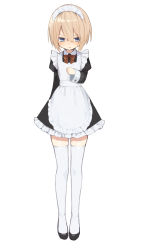 Rule 34 | 1girl, absurdres, alternate costume, apron, arms behind back, black dress, blanc (neptunia), blush, bow, bowtie, buran buta, dress, enmaided, frilled dress, frills, full body, hair between eyes, hand on own chest, high heels, highres, looking at viewer, maid, maid apron, maid headdress, neptune (series), open mouth, red bow, red bowtie, short hair, simple background, solo, thighhighs, white apron, white background