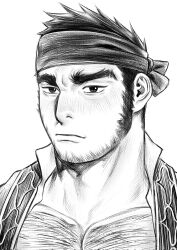 Rule 34 | 1boy, bara, beard, beard stubble, chest hair, chest hair peek, corrupted twitter file, facial hair, golden kamuy, graphite (medium), hairy, half-closed eyes, headband, highres, large pectorals, light frown, long sideburns, male focus, mature male, muscular, muscular male, official alternate costume, overload (nuhoangxitray), partially unbuttoned, pectoral cleavage, pectorals, portrait, short hair, sideburns, solo, stubble, tanigaki genjirou, thick eyebrows, traditional media