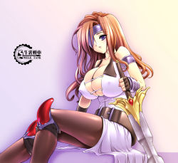 Rule 34 | 00s, 1girl, beatrix, belt, breasts, brown hair, cleavage, final fantasy, final fantasy ix, gunner-l, huge breasts, lace up front, long hair, pantyhose, purple eyes, solo, sword, weapon