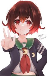 Rule 34 | 1girl, 9610 (kuroto), absurdres, artist name, blue jacket, brown hair, commentary request, crescent, crescent pin, gradient hair, green sailor collar, highres, jacket, kantai collection, multicolored hair, mutsuki (kancolle), neckerchief, red hair, red neckerchief, sailor collar, school uniform, serafuku, short hair, simple background, solo, twitter username, upper body, v, white background