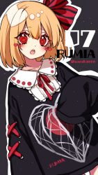 1girl, alternate costume, bangs, black sweater, blonde hair, blush, casual, character name, chinese lantern (plant), commentary, contemporary, cowboy shot, grey background, hair ribbon, hand up, heart, heart-shaped pupils, highres, kyouda suzuka, looking at viewer, neck ribbon, open mouth, outline, print sweater, red eyes, red neckwear, red ribbon, ribbon, rumia, short hair, sleeves past fingers, sleeves past wrists, solo, sweater, symbol-shaped pupils, touhou, twitter username, white outline