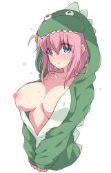 Rule 34 | 1girl, blue eyes, blush, bocchi the rock!, breasts, breasts out, cleavage, closed mouth, collarbone, costume, covered erect nipples, cube hair ornament, eyebrows hidden by hair, functionally nude, gotoh hitori, green hoodie, hair ornament, highres, hood, hoodie, large breasts, long hair, long sleeves, looking at viewer, mel (melty pot), nipples, no bra, nude filter, one breast out, one side up, open clothes, pink hair, simple background, solo, sweat, sweatdrop, tearing up, third-party edit, wavy mouth, wet, white background