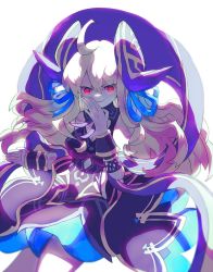 Rule 34 | 1girl, ahoge, alternate costume, bad id, bad twitter id, blonde hair, breasts, cleavage, cleavage cutout, clothing cutout, corrupted, corruption, cygames, dark persona, dragalia lost, dress, evil, evil grin, evil smile, glowing, glowing eyes, grin, hair ribbon, long hair, meiiibee, morsayati, nintendo, official alternate costume, possessed, possession, red eyes, ribbon, smile, smug, white background, zethia