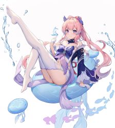 Rule 34 | 1girl, absurdres, air bubble, bare shoulders, blunt bangs, breasts, bubble, copyright request, highres, hokori sakuni, legs up, long hair, looking at viewer, no shoes, simple background, smile, solo, thighhighs, thighs, underwater, water, water drop, white background, wide sleeves