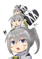 Rule 34 | !, !!, 4girls, black hat, blue eyes, blush stickers, commentary request, hands in opposite sleeves, hat, highres, holding, holding clothes, holding hat, japanese clothes, kariginu, long sleeves, mononobe no futo, multiple girls, multiple persona, open mouth, ponytail, recurring image, satobitob, silver hair, simple background, smile, sweatdrop, tate eboshi, touhou, unworn headwear, white background, wide sleeves