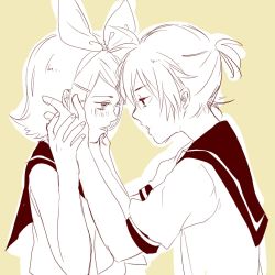 Rule 34 | 1boy, 1girl, aihara-rina, bare shoulders, blush, bow, forehead-to-forehead, hair bow, hair ornament, hairclip, hands on another&#039;s face, hands up, heads together, holding hands, kagamine len, kagamine rin, monochrome, open mouth, sailor collar, short hair, short ponytail, short sleeves, sketch, spiked hair, swept bangs, upper body, vocaloid, yellow background