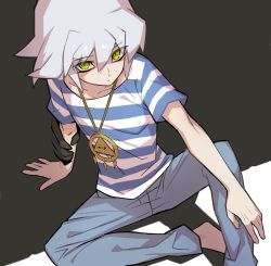 Rule 34 | 1boy, bakura ryou, barefoot, closed mouth, collarbone, denim, dual persona, eyes visible through hair, fingernails, grabbing, grey hair, hair between eyes, jeans, jewelry, male focus, millennium ring, necklace, pants, saitou naoki, shadow, shirt, sitting, slit pupils, solo, striped clothes, striped shirt, t-shirt, yami bakura, yellow eyes, yu-gi-oh!, yu-gi-oh! duel monsters
