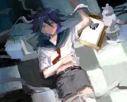 Rule 34 | 1boy, arm up, belt, black belt, black hair, black sailor collar, black shorts, blue hair, bug, butterfly, checkered floor, danganronpa (series), danganronpa v3: killing harmony, expressionless, hair between eyes, insect, kaiaik (zheliakaina), looking at viewer, lying, male focus, multicolored hair, necktie, on back, oma kokichi, pink eyes, portrait (object), red necktie, sailor collar, shirt, short hair, shorts, sketch, smile, solo, two-tone hair, white shirt