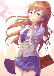 Rule 34 | 1girl, absurdres, bag, bang dream!, bare legs, blue necktie, blue skirt, blurry, blurry background, blush, breast pocket, breasts, brown hair, building, buttons, clothes lift, cloud, collared shirt, earrings, floating hair, handbag, haneoka school uniform, highres, holding, holding bag, hyonee, imai lisa, jacket, jewelry, long hair, long sleeves, looking at viewer, medium breasts, miniskirt, necktie, off shoulder, one side up, parted lips, plaid, plaid skirt, pleated skirt, pocket, ponytail, school uniform, serafuku, shadow, shirt, skirt, skirt lift, smile, solo, standing, striped necktie, striped neckwear, stuffed animal, stuffed rabbit, stuffed toy, thighs, very long hair, white shirt, yellow eyes