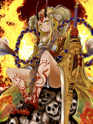 Rule 34 | 1girl, azure luna, beads, blonde hair, claws, earrings, expressionless, facial mark, fate/grand order, fate (series), highres, holding, holding sword, holding weapon, horns, ibaraki douji (fate), japanese clothes, jewelry, kimono, long hair, long sleeves, looking at viewer, oni, oni horns, prayer beads, rope, shimenawa, sitting, skull, solo, sword, tattoo, weapon, wide sleeves, yellow eyes