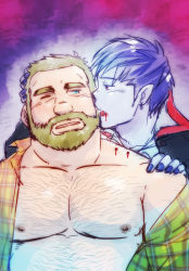 Rule 34 | 2boys, bara, bare pectorals, beard, belly, blood sucking, blue skin, blush, chest hair, colored skin, facial hair, fangs, fat, fat man, hand on another&#039;s head, large pectorals, male focus, mature male, multiple boys, muscular, muscular male, mustache, nipples, open clothes, open shirt, original, pectorals, short hair, sideburns, suv (suv032), thick eyebrows, upper body, vampire, yaoi