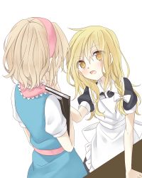 Rule 34 | 2girls, alice margatroid, apron, bad id, bad twitter id, blonde hair, blush, book, braid, couple, hairband, hand on another&#039;s face, holding, holding book, kirisame marisa, long hair, multiple girls, open mouth, short hair, side braid, touhou, tsuno no hito, waist apron, yellow eyes, yuri
