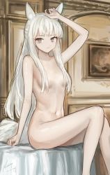 Rule 34 | 1girl, animal ears, arknights, arm up, artist name, breasts, censored, censored nipples, commentary, dated, feet out of frame, grey eyes, hair censor, indoors, long hair, nashidrop, navel, nude, parted lips, platinum (arknights), signature, silver hair, sitting, small breasts, solo, stomach, thighs, very long hair