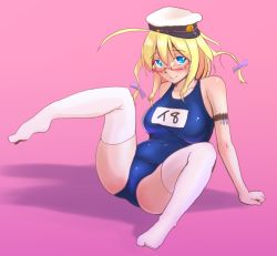 Rule 34 | 10s, 1girl, blonde hair, blue eyes, breasts, glasses, hat, i-8 (kancolle), kantai collection, large breasts, looking at viewer, no shoes, one-piece swimsuit, personification, pink background, red-framed eyewear, school swimsuit, short hair, smile, solo, supi (inner map), swimsuit, thighhighs, white thighhighs