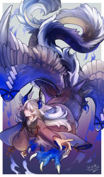 Rule 34 | 1girl, animal ears, artist name, black horns, black scales, blue eyes, blue horns, blue scales, blue wings, borrowed character, claws, closed mouth, commission, dragon girl, dragon horns, dragon tail, feathered wings, full body, gradient background, grey background, grey hair, grey wings, hand up, highres, hogara, horns, long hair, long sleeves, looking at viewer, monster girl, original, purple background, scales, skeb commission, solo, tail, taur, white fur, wide sleeves, wings