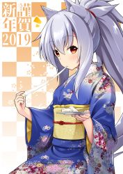 Rule 34 | 1girl, 2019, animal ear fluff, animal ears, blue kimono, blush, checkered background, closed mouth, commentary request, fingernails, floral print, food, hair between eyes, happy new year, high ponytail, highres, holding, holding food, holding plate, japanese clothes, kimono, long sleeves, looking at viewer, new year, obi, original, plate, ponytail, print kimono, red eyes, sash, shachoo., sidelocks, silver hair, sitting, solo, wolf ears, wolf girl