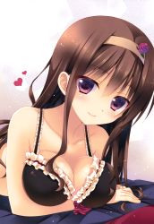 Rule 34 | 1girl, absurdres, arm support, bare arms, bare shoulders, black bra, blush, bra, breast hold, breasts, brown hair, cleavage, collarbone, downblouse, flower, frilled bra, frills, hairband, hanging breasts, head tilt, heart, highres, large breasts, long hair, looking at viewer, lying, mitsuki tsumi, on stomach, original, purple eyes, smile, solo, underwear, underwear only, upper body