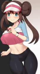 Rule 34 | 1girl, aqua eyes, black pantyhose, breasts, bright pupils, brown hair, cameltoe, closed mouth, clothes lift, collarbone, commentary request, cowboy shot, creatures (company), crop top, crop top overhang, double bun, game freak, gradient background, hair bun, hat, highres, holding, holding poke ball, large breasts, long sleeves, looking at viewer, navel, nintendo, nt00, pants, pantyhose, poke ball, poke ball (basic), pokemon, pokemon bw2, raglan sleeves, revision, rosa (pokemon), shirt lift, sidelocks, smile, solo, stomach, thigh gap, twintails, visor cap, white hat, yoga pants