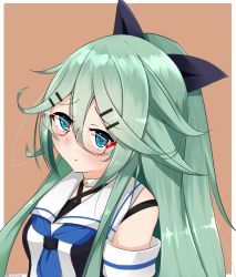 Rule 34 | 10s, 1girl, :&lt;, aqua eyes, bespectacled, blue neckerchief, blush, bow, choker, commentary request, detached sleeves, glasses, green hair, hair between eyes, hair bow, hair ornament, hairclip, kantai collection, long hair, looking at viewer, neckerchief, ponytail, red-framed eyewear, sailor collar, simple background, solo, twitter username, upper body, yamakaze (kancolle), yukikasa (ro-ga-o-y)