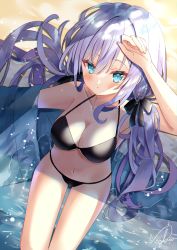 1girl absurdres arm_up armpits bare_shoulders bikini black_bikini blue_eyes blue_shirt breasts cleavage collarbone halterneck highres long_hair looking_at_viewer low_twintails medium_breasts navel off_shoulder original shirt silver_hair sinobi_illust solo stomach string_bikini swimsuit thighs twintails very_long_hair water