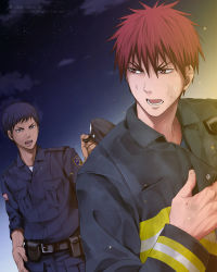 Rule 34 | 2boys, annoyed, aomine daiki, blue eyes, blue hair, blue pants, blue shirt, cloud, dark-skinned male, dark skin, dirty, dirty face, firefighter, firefighter jacket, hat, holding, holding clothes, holding hat, jacket, kagami taiga, kuroko no basuke, looking at another, looking back, male focus, multiple boys, night, night sky, pants, police, police hat, police uniform, policeman, red eyes, red hair, shirt, short hair, sky, uniform, unworn hat, unworn headwear, xuan zhi yue ying