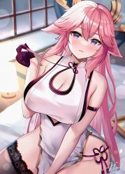 Rule 34 | 1girl, animal ears, arm strap, bare shoulders, black thighhighs, blush, breasts, cleavage, cleavage cutout, clothing cutout, covered navel, eric (tianqijiang), fox ears, fox girl, genshin impact, gloves, hair ornament, highres, indoors, large breasts, long hair, looking at viewer, parted lips, pink hair, purple eyes, purple gloves, signature, sitting, solo, thighhighs, thighs, yae miko
