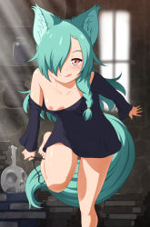 Rule 34 | 1girl, animal ear fluff, animal ears, bare legs, black dress, blush, braid, breasts, candle, capitan (tsyoujo), clothes pull, dress, dress pull, green hair, hair over one eye, highres, indoors, leaning forward, light rays, looking at viewer, naughty face, nipple slip, nipples, original, panties, panties around leg, panty pull, pink eyes, side braid, skull, small breasts, standing, standing on one leg, tail, tongue, tongue out, underwear, witch