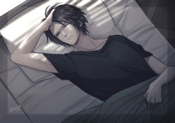 Rule 34 | 1boy, alternate costume, arm up, bed, black shirt, brown hair, commentary, dated, final fantasy, final fantasy viii, half-closed eyes, hand in own hair, hand on own head, hiryuu (kana h), male focus, messy hair, morning, on bed, one eye closed, pillow, scar, scar on face, shirt, short hair, signature, solo, squall leonhart, t-shirt, under covers, upper body, waking up