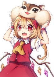 Rule 34 | 1girl, :o, arms up, ascot, blonde hair, blush, commentary request, crystal, flandre scarlet, highres, kyouda suzuka, long hair, looking at viewer, puffy short sleeves, puffy sleeves, red eyes, short sleeves, side ponytail, simple background, solo, squirrel, stuffed squirrel, teeth, touhou, v-shaped eyebrows, white background, wings, wrist cuffs, yellow ascot