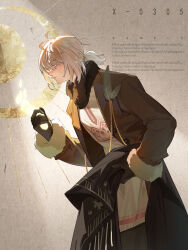 Rule 34 | 1boy, absurdres, beishang yutou, black gloves, black scarf, blue eyes, brown background, brown coat, coat, cowboy shot, english text, from side, fur-trimmed coat, fur-trimmed shirt, fur trim, gloves, grey hair, hand up, highres, holding, holding clothes, holding scarf, low ponytail, male focus, medium hair, open clothes, open coat, parted lips, profile, reverse:1999, scarf, unworn scarf, shirt, sidelighting, solo, spotlight, white shirt, zima (reverse:1999)