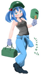 Rule 34 | 1girl, black shirt, blouse, blue hair, dated, full body, gloves, green eyes, grey gloves, hair bobbles, hair ornament, hat, highres, jumpsuit, kawashiro nitori, mob cap, overalls, raised eyebrows, shirt, shoes, short hair, simple background, smile, solo, takeu, tank top, thick eyebrows, tied shirt, toolbox, touhou, welding mask