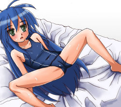 Rule 34 | 00s, 1girl, :o, ahoge, avalon (kuroame), barefoot, bed sheet, blue hair, blue one-piece swimsuit, blush, cameltoe, collarbone, colored eyelashes, crotch, dutch angle, eyebrows, flat chest, from above, full body, green eyes, hair between eyes, indoors, izumi konata, long hair, looking at viewer, lucky star, lying, mole, mole under eye, oekaki, on back, on bed, one-piece swimsuit, open mouth, school swimsuit, sidelocks, simple background, single vertical stripe, solo, spread legs, surprised, sweat, swimsuit, triangle mouth, very long hair, white background