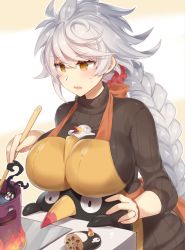 Rule 34 | 1girl, asymmetrical hair, bad id, bad pixiv id, black sweater, blush, braid, breast press, breasts, casual, contemporary, cooking, failure penguin, hair between eyes, hair ornament, jewelry, jitome, kantai collection, large breasts, long hair, looking down, open mouth, pokoten (pokoten718), ribbed sweater, ring, serious, silver hair, single braid, sweater, unryuu (kancolle), upper body, very long hair, wavy mouth, wedding ring, yellow eyes