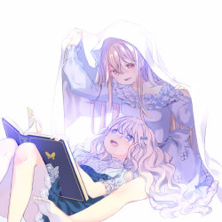 Rule 34 | 2girls, :d, arm up, blue dress, blush, book, breasts, collarbone, commentary request, dress, hair between eyes, hand up, hinayuki usa, lap pillow, light brown hair, long hair, long sleeves, lying, multiple girls, on back, open book, open mouth, original, puffy long sleeves, puffy short sleeves, puffy sleeves, purple dress, purple eyes, red eyes, see-through, see-through sleeves, short sleeves, silver hair, small breasts, smile, very long hair, wavy hair, white background