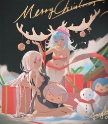 Rule 34 | 2girls, bare shoulders, blue eyes, blue hair, blush, breasts, christmas, cleavage, fanghx, gift, haiyi, light blue hair, long hair, looking at viewer, medium breasts, medium hair, multiple girls, pink eyes, ribbon, sideboob, signature, smile, synthesizer v, white hair