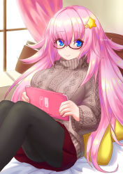 Rule 34 | 1girl, absurdly long hair, aran sweater, bed, black pantyhose, blue eyes, book, cable knit, clothes lift, genderswap, genderswap (otf), glasses, highres, indoors, kirby, kirby (series), knees up, long hair, long sleeves, looking at viewer, natsuring0, nintendo, nintendo switch, non-web source, on bed, pantyhose, personification, pillow, pink hair, red skirt, sitting, skirt, skirt lift, solo, star (symbol), sweater, turtleneck, turtleneck sweater, very long hair, window